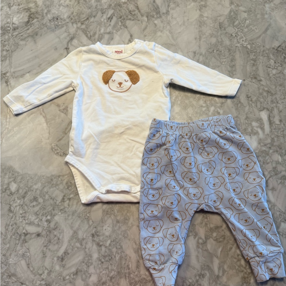 SEED BABY Puppy Print Baby Onesie, Pants and Bib Set